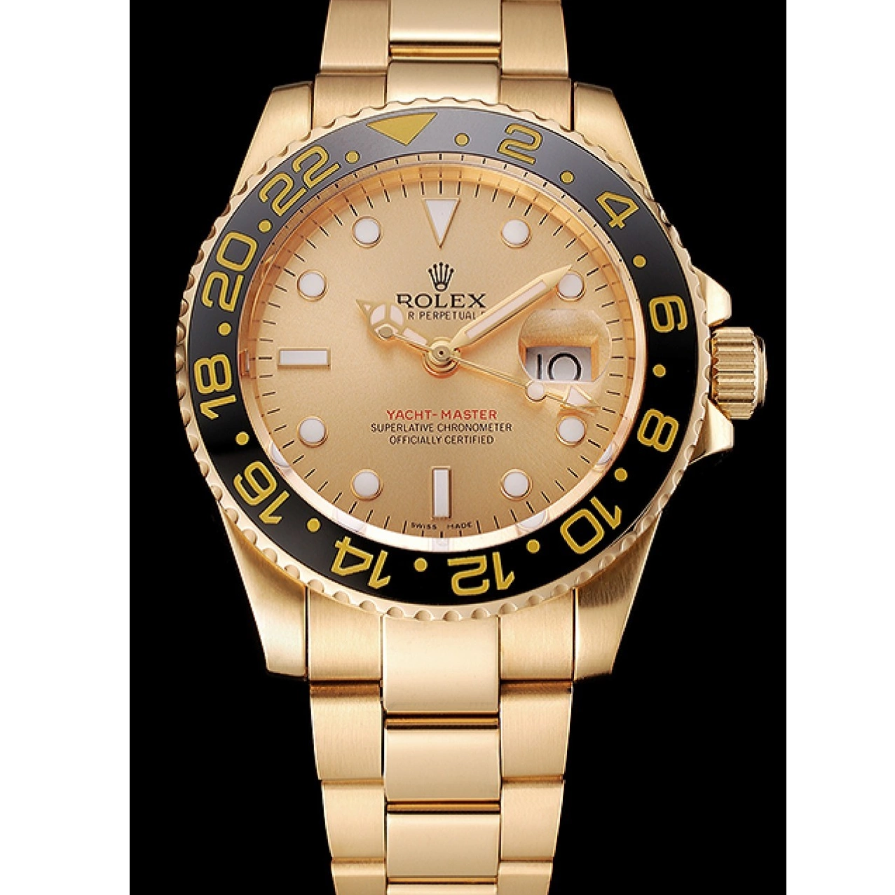Aaa replica watch Swiss 1453749 Case Gold GMT Gold Dial II Bracelet Rolex And Bezel Master Black 0716